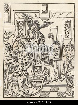 Allegorical illustration of Bonifacio Simonetta aided by an angel surrounded by the dogs and demons of heresy. Orthodoxy surrounded by the pitfalls of Heresy. Woodcut from Livre des persecutions des crestiens. LOrthodoxie entouree des embuches de lHeresie. Woodcut from Paul Lacroixs La Vie Militaire et Religieuse au Moyen Age et a lEpoque de la Renaissance, Military and Religious Life in the Middle Ages and the Renaissance, Paris, 1873. Stock Photo