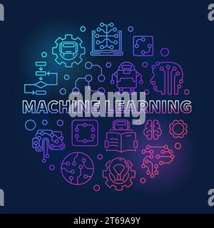 Machine Learning round vector colored illustration in thin line style on dark background Stock Vector