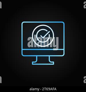 PC with check mark blue linear icon. Vector personal computer with checkmark concept sign in thin line style on dark background Stock Vector