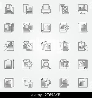 Report icons set. Vector business report, document, analysis, audit outline concept symbols or design elements Stock Vector