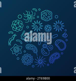 Virology round vector microbiology blue illustration made with microbes and viruses linear icons on dark background Stock Vector