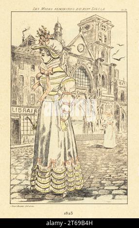 Fashionable lady in front of the church of Saint-Merri, or Saint Mederic, and bookstore, Paris, 1823. In bonnet, ruff collar, gown with flounces, frills and ribbons. Handcoloured drypoint or pointe-seche etching by Henri Boutet from Les Modes Feminines du XIXeme Siecle (Feminine Fashions of the 19th Century), Ernest Flammarion, Paris, 1902. Boutet (1851-1919) was a French artist, engraver, lithographer and designer. Stock Photo