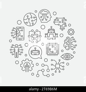 Future round vector minimal illustration in thin line style. Machine learning, AI and innovation concept circular symbol Stock Vector