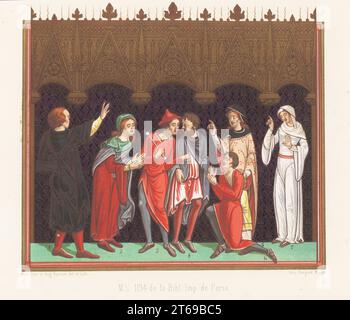 Various French costumes of the 12th century. Taken from a manuscript Psalterium Cantuariense, Latin 8846, Psautier MS 1194, Bibliotheque Imperiale de Paris. France XIIe Siecle. Chromolithograph drawn and lithographed by Ferdinand Sere and Auguste Racinet from Charles Louandres Les Arts Somptuaires, The Sumptuary Arts, Hangard-Mauge, Paris, 1858. Stock Photo