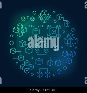 Blockchain technology vector round blue concept illustration in outline style on dark background Stock Vector