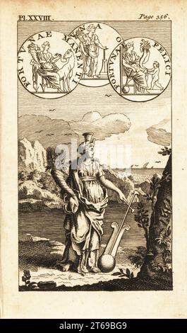 Fortuna, Roman goddess of fortune, chance or luck. With a gubernaculum (ship's rudder) and cornucopia (horn of plenty). Tyche. Copperplate engraving from Andrew Tookes The Pantheon, Representing the Fabulous Histories of the Heathen Gods, London, 1757. Stock Photo