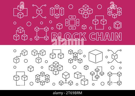 Set of two Block Chain concept banners in thin line style. Vector illustration Stock Vector