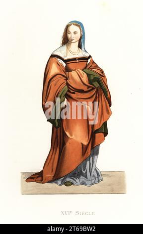 Portrait of Lucrezia del Fede, wife of the painter Andrea del Sarto, 16th century. In red silk robe with square-cut bodice, grey petticoats, blue veil over blonde hair. Dame de Florence. After a fresco of the Birth of the Virgin in Santissima Annunziata, Florence. Handcolored lithograph after an illustration by Edmond Lechevallier-Chevignard from Georges Duplessis's Costumes historiques des XVIe, XVIIe et XVIIIe siecles (Historical costumes of the 16th, 17th and 18th centuries), Paris, 1867. Edmond Lechevallier-Chevignard was an artist, book illustrator, and interior designer. Stock Photo