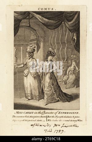 Miss Ann Catley in the character of Euphrosyne in John Miltons Comus. She first played the role at Covent Garden Theatre in 1772. Actress and singer, later Mrs. Lascelles, wife to Lieutenant-Colonel Francis Lascelles. Copperplate engraving published in The Universal Magazine, Thomas Lowndes, London, 1777. Stock Photo