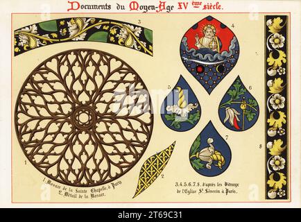 Rosette window from Sainte-Chapelle, and details from stained glass windows in the Church of Saint-Severin, Paris. 1,2 Rosace de la Sainte-Chapelle a Paris, 3-8 Vitraux de lEglise St. Severin a Paris. Chromolithograph designed and lithographed by Ernst Guillot from Ornementation des Manuscrits au Moyen-Age, XVe Siecle(Ornamentation from Manuscripts of the Middle Ages, 15th century), Paris, 1890. Stock Photo