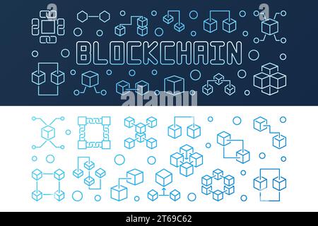 Set of two Blockchain crypto bright horizontal banners. Vector illustration in outline style Stock Vector