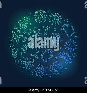 Bacterium round vector creative microbiology bright illustration made with microorganism line icons on dark background Stock Vector