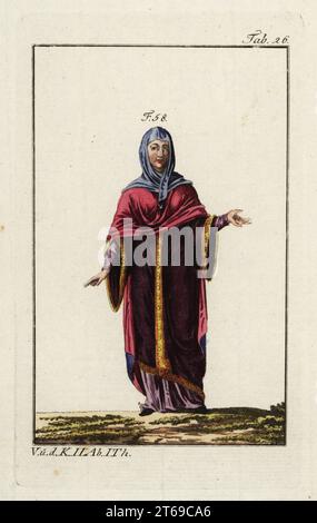 Anglo Saxon woman (or queen) in a wide-sleeved dress. From the 9th to the 10th century, women's sleeves evolved into wider, flared shapes. The woman is depicted here wearing a light-blue scarf over her head and neck, a crimson mantle, a wine-coloured tunic with wide sleeves decorated with gold, over a lilac robe. Handcolored copperplate engraving from Robert von Spalart's Historical Picture of the Costumes of the Principal People of Antiquity and Middle Ages, Vienna, 1796. Stock Photo