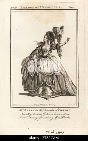 Mrs Ann Barry in the character of Phaedra in Edmund Smith s Phaedra and Hippolitus, Drury Lane Theatre, 1774. Ann Street, 1734-1801, was a leading actress of the 18th century appearing as Mrs Dancer, Mrs. Barry and Mrs. Crawford. Copperplate engraving by J. Thornthwaite after an illustration by James Roberts from Bells British Theatre, Consisting of the most esteemed English Plays, John Bell, London, 1777. Stock Photo