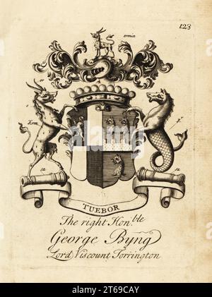 Coat of arms of the Right Honourable George Byng, Lord 1st Viscount Torrington, .1663-1733, of Southill Park. Copperplate engraving by Andrew Johnston after C. Gardiner from Notitia Anglicana, Shewing the Achievements of all the English Nobility, Andrew Johnson, the Strand, London, 1724. Stock Photo