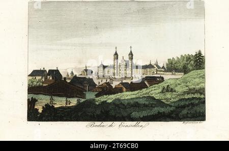 The medieval Benedictine Abbey at Einsiedeln, Switzerland. Badia di Einsedlen. Handcoloured copperplate engraving by Migliavacca from Giulio Ferrarios Costumes Ancient and Modern of the Peoples of the World, Il Costume Antico e Moderno, Florence, 1837. Stock Photo