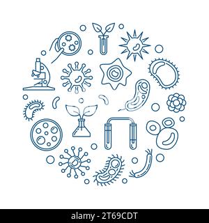 Microbiology round vector illustration made with microscope, microbes and viruses outline concept blue icons on white background Stock Vector