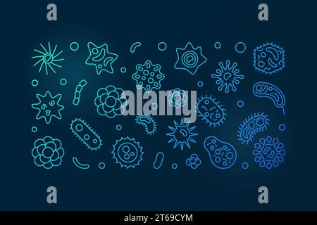 Microorganisms vector blue creative horizontal illustration. Bacteria and pathogen concept banner on dark background Stock Vector