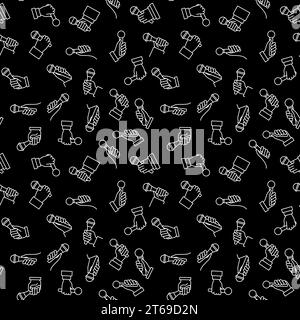 Hand holding Microphone vector dark seamless pattern in outline style Stock Vector