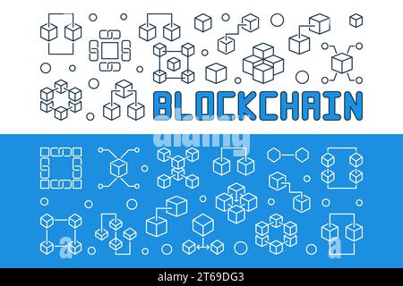 Blockchain technology concept outline banners set. Vector modern illustration in thin line style Stock Vector