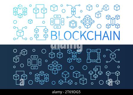 Set of 2 Blockchain vector bright horizontal banners. Block Chain concept illustration in thin line style Stock Vector