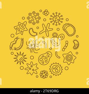 Bacteria vector round virology and microbiology concept illustration in outline style on yellow background Stock Vector