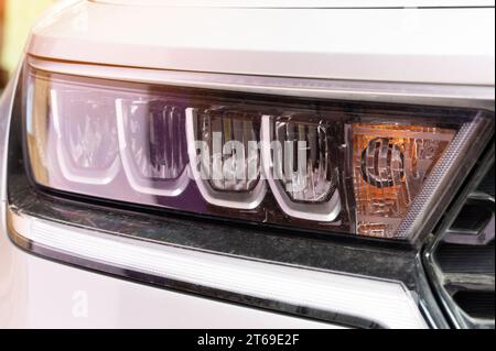Front led lamps in modern car macro close up view Stock Photo
