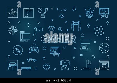 Gamer vector concept blue outline horizontal illustration or banner on dark background Stock Vector
