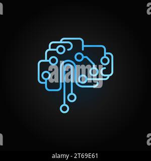 Circuit tech brain outline blue icon. Vector Artificial Intelligence brain concept sign in line style on dark background Stock Vector