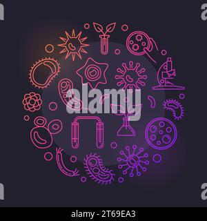 Microbiology round vector bright illustration made with microscope, microbes and viruses linear concept icons on dark background Stock Vector