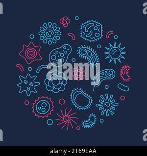 Microorganisms round vector creative illustration made with bacteria and pathogen linear icons on dark blue background Stock Vector