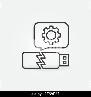 Damaged USB Stick with Gear in Speech Bubble vector outline concept icon Stock Vector