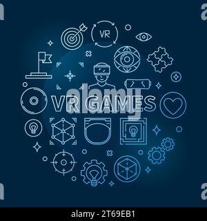 Vector VR Games round concept blue outline illustration on dark background Stock Vector