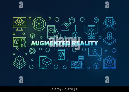 Augmented reality colored horizontal banner made with AR thin line icons. Vector illustration on dark background Stock Vector