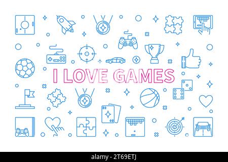 I Love Games vector concept outline horizontal illustration or banner Stock Vector