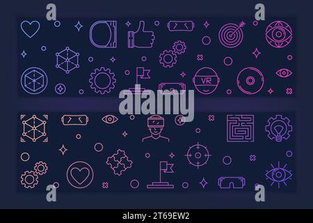 VR colorful banners set - vector Virtual Reality concept horizontal illustration on dark background Stock Vector