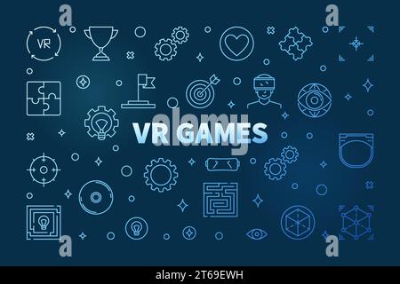 VR Games vector concept horizontal outline blue illustration on dark background Stock Vector