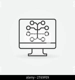 PC with Brain vector line icon. Artificial Intelligence in computer concept outline symbol or design element Stock Vector