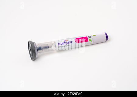 Mounjaro (Tirzepatide) injection pen used by diabetics to aid in glucose management. Stock Photo