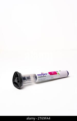 Mounjaro (Tirzepatide) injection pen used by diabetics to aid in glucose management. Stock Photo