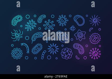 Pathogen and viruses colored horizontal banner. Vector concept bright illustration in outline style on dark background Stock Vector