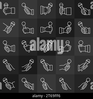 Hand holding a microphone vector icons set in thin line style on dark background Stock Vector