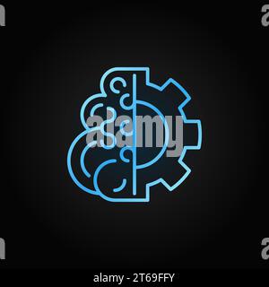 Brain with gear vector blue concept icon or logo element in thin line style on dark background Stock Vector