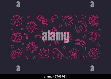 Pathogenicity horizontal banner. Vector microbes and viruses illustration in thin line style on dark background Stock Vector