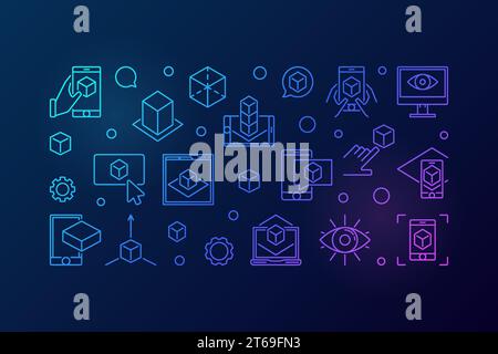 Augmented reality vector colored horizontal banner or illustration made with AR outline icons on dark background Stock Vector