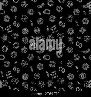 Seamless vector pattern with virus, bacterium, pathogen and microbe white icons in thin line style with black background Stock Vector