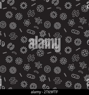 Seamless vector pattern with outline bacteria icons with dark background Stock Vector