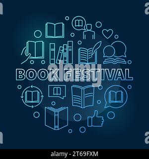 Book Festival concept blue round linear vector illustration on dark background Stock Vector