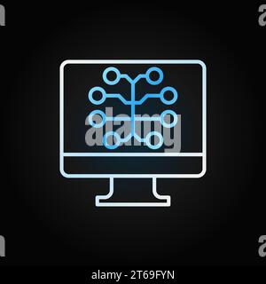 PC with Brain vector colored line icon. Artificial Intelligence in computer concept outline symbol or design element on dark background Stock Vector