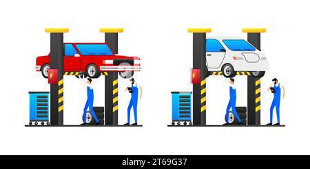 Mechanics Working in an Auto Repair Shop with Cars Lifted on Hydraulic Ramps for Maintenance and Repair Services. Auto Repair Shop. Stock Vector